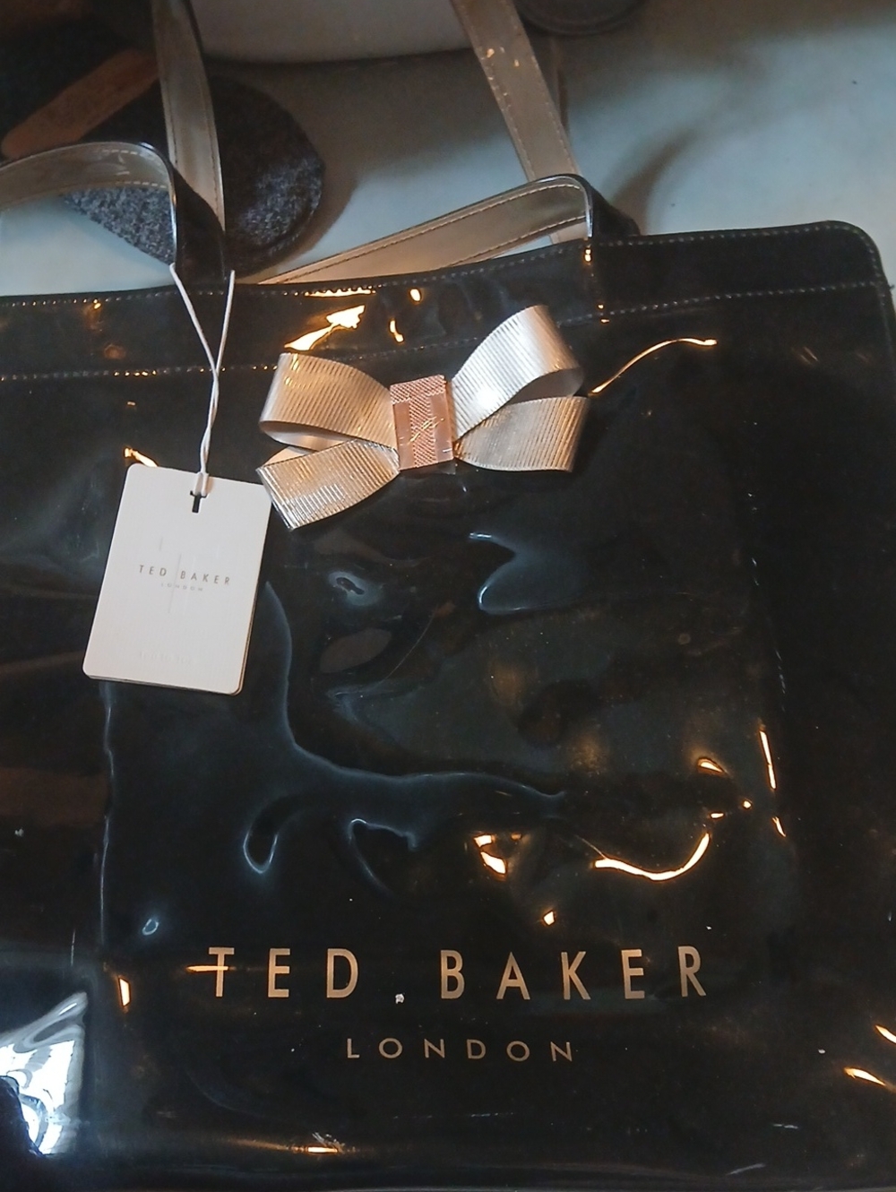 Ted Baker Black Patent Tote with Bow Accent NWT